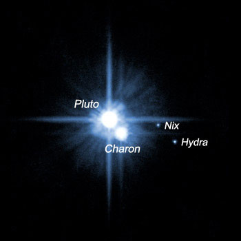 Pluto and its three known moons.