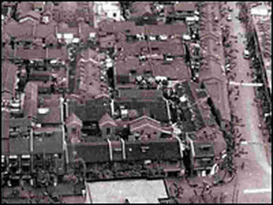 An aerial photo shows the Xintiandi area before its redevelopment.