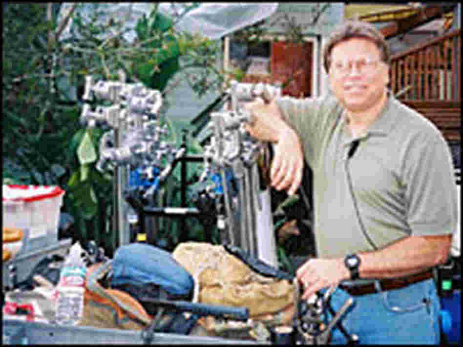 Gary Dagg, key grip for the film 'Because I Said So', stands next to his ditty cart