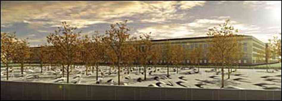 wide-angle rendering of the Memorial during day, Pentagon in background wide-angle rendering of the Memorial during day, Pentagon in background