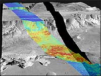 Infrared image taken by Odyssey of an area on Mars known as the Melas Chasma.
