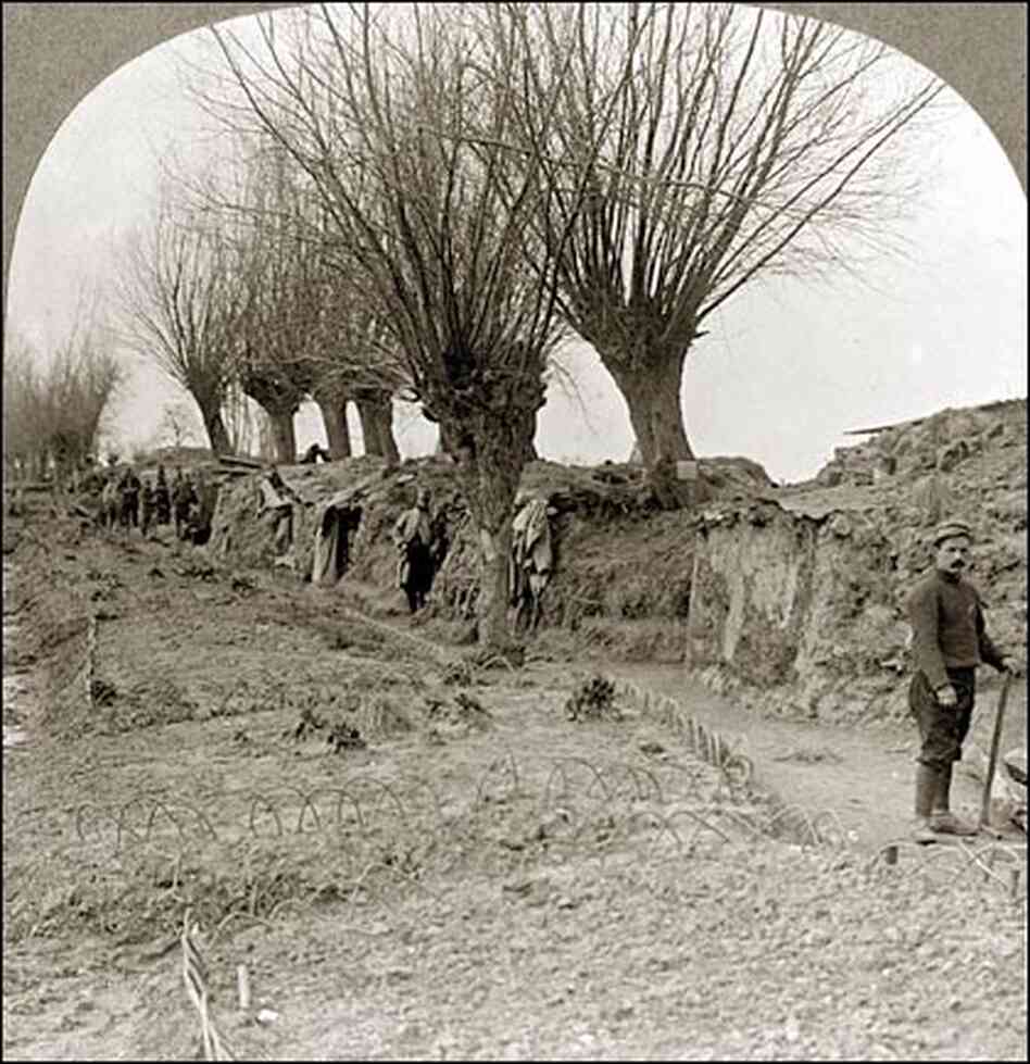 French trenches flanked by gardens during World War I French trenches flanked by gardens during World War I