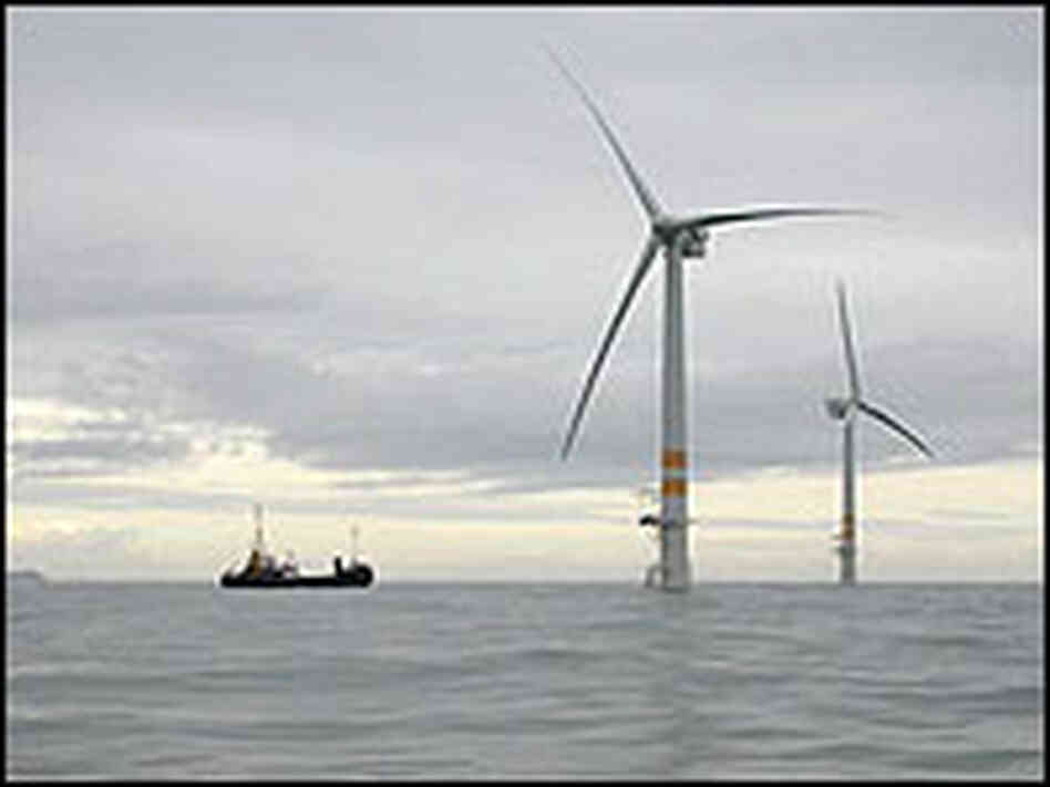 A 3.6-megawatt GE wind turbine at Arklow Bank offshore wind facility near Arklow, Ireland. 