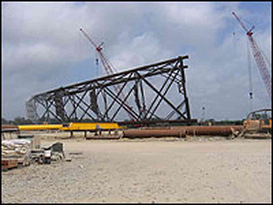 The wind-turbine platforms are being modeled after oil-rig platforms, like this one. 