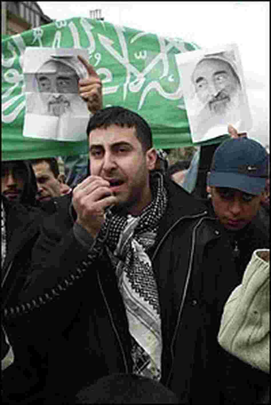 Dyab Abou Jahjah leads a protest of the killing of Hamas spiritual leader Sheikh Ahmed Yassin.