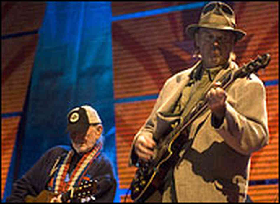 Willie Nelson and Neil Young on stage
