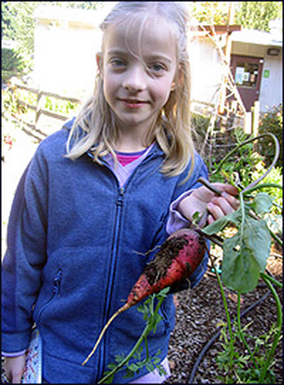 Third-grader Devina Boughton holds a carrot harvested from her school's garden. Third-grader Devina Boughton holds a carrot harvested from her school's garden.