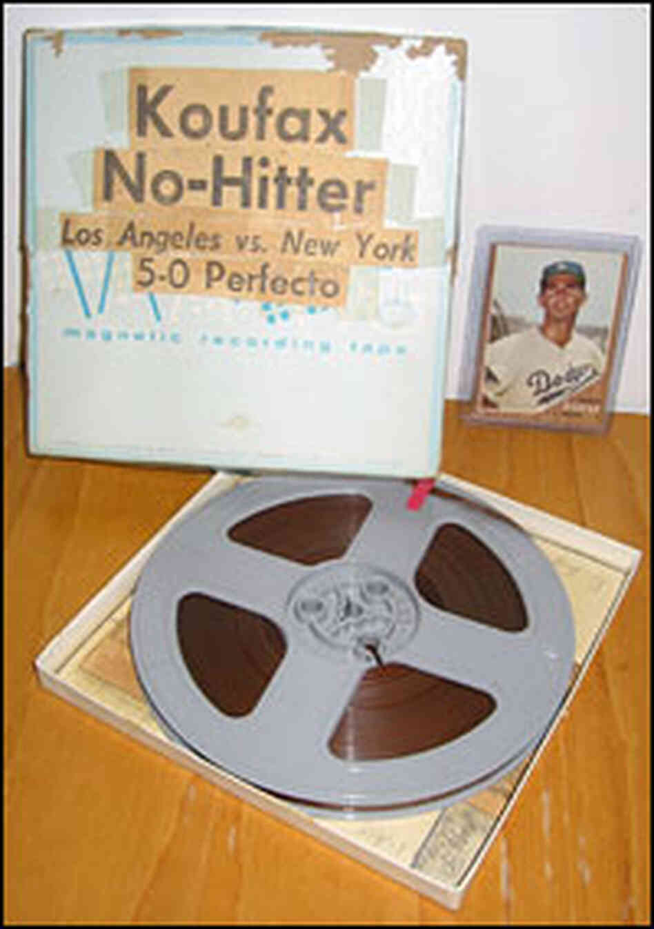 The reel-to-reel tape, box and a Sandy Koufax card.