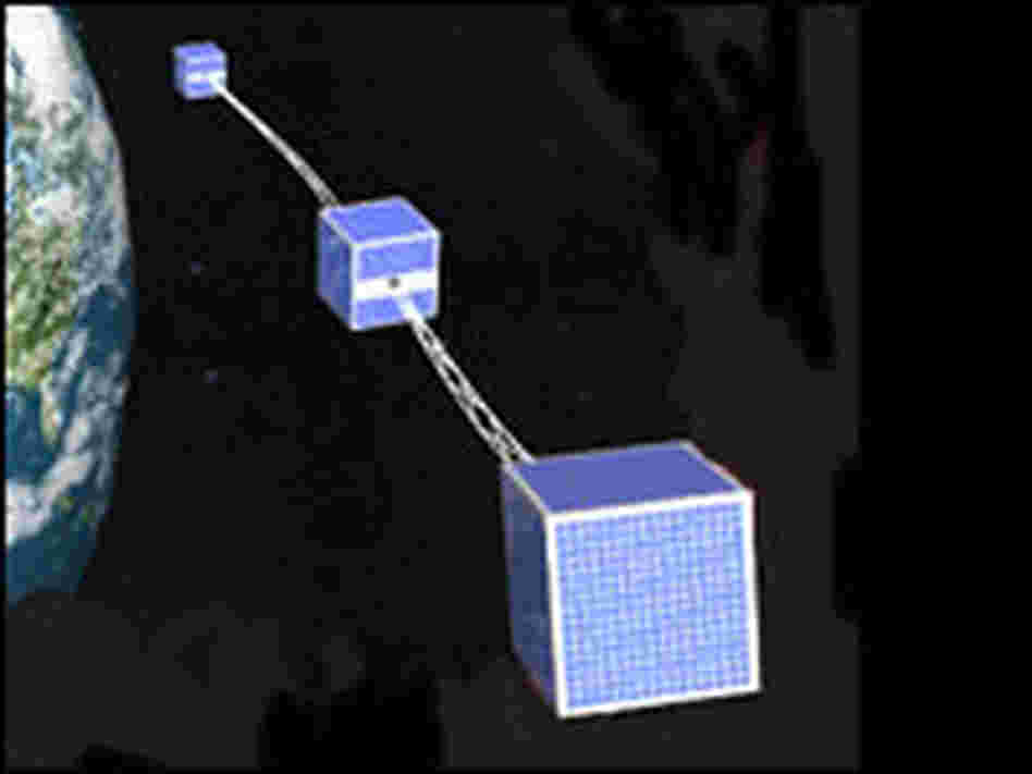 An illustration of the MAST tether experiment as it will appear in space.