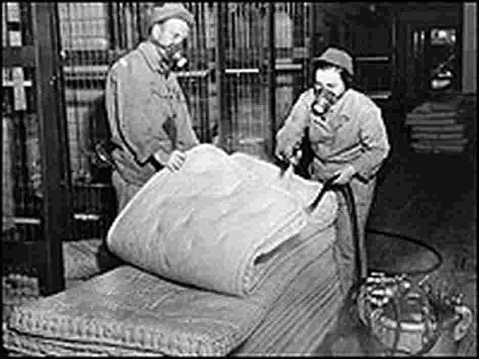 Exterminators spray mattresses in 1944 with DDT solution.