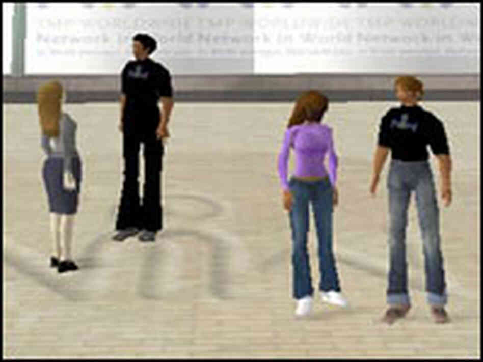 The Network in World courtyard in the online world Second Life