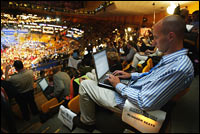 Credentialed bloggers work at the 2004 Democratic National Convention in Boston.