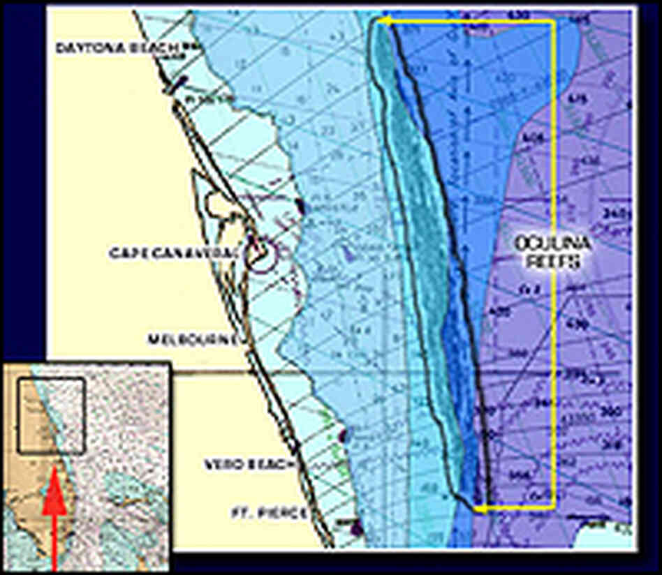 Map showing the location of the oculina reefs off Florida.
