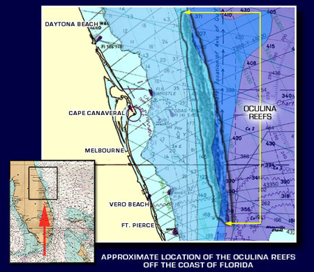 Map showing the location of the oculina reefs off Florida.