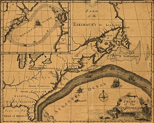 A chart of the Gulf Stream based on Ben Franklin's sketches, circa 1786.