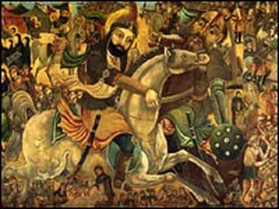A painting depicts the battle of Karbala in 680, in which Imam Hussein engaged a superior Arab army.