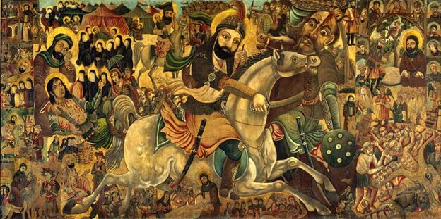 A painting depicts the battle of Karbala in 680, in which Imam Hussein engaged a superior Arab army.