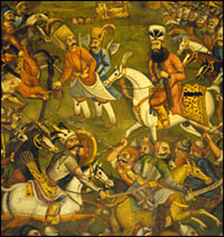 A painting from the Chehel Sotun Pavillion in Isfahan, Iran, depicts Persian warfare.