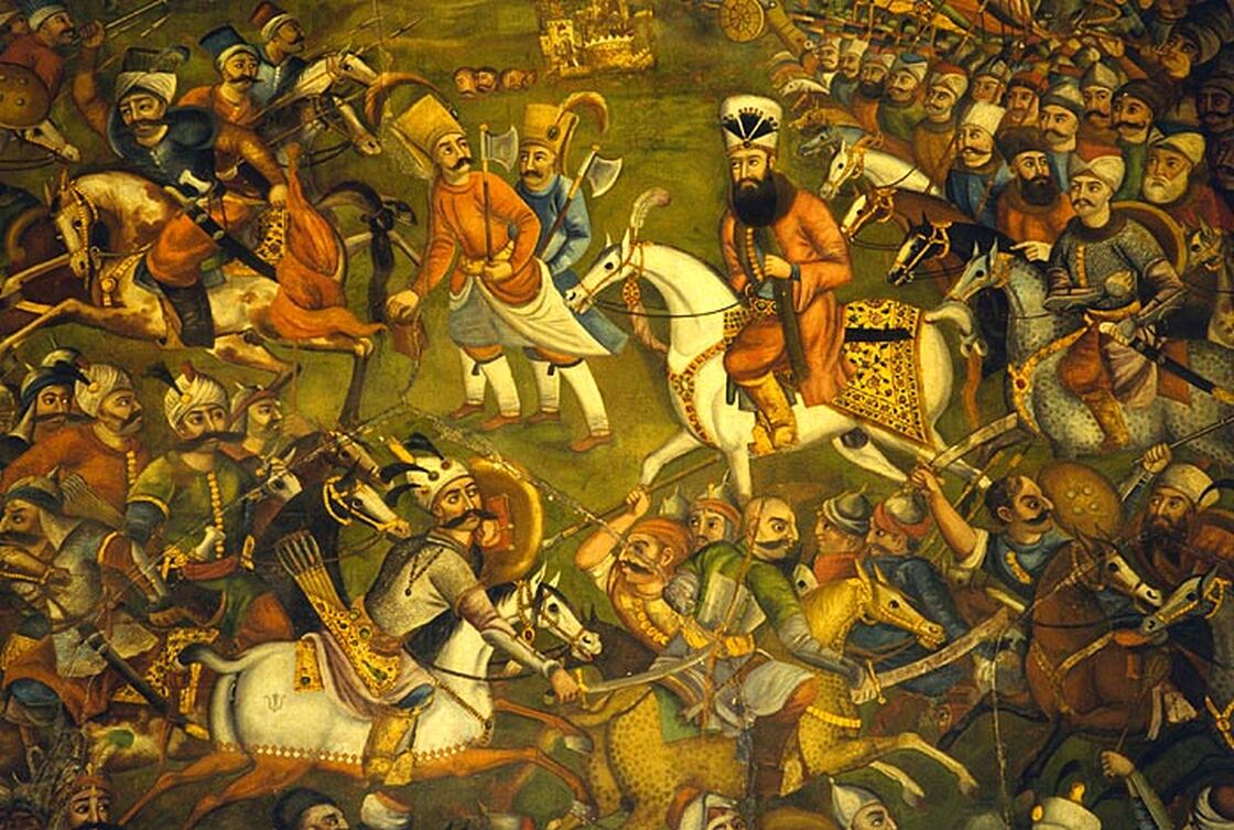 A painting from the Chehel Sotun Pavillion in Isfahan, Iran, depicts Persian warfare.