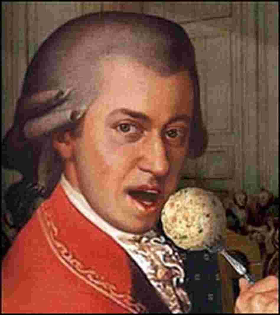 Mozart holds a liver dumpling, from the cover of Kurt Palm's 'Wolfgang is Fat and in Good Health' Mozart holds a liver dumpling, from the cover of Kurt Palm's 'Wolfgang is Fat and in Good Health'