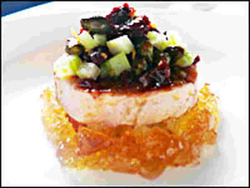 Jean Georges' signature dish of foie gras brule with sour cherries and caramelised pistachios