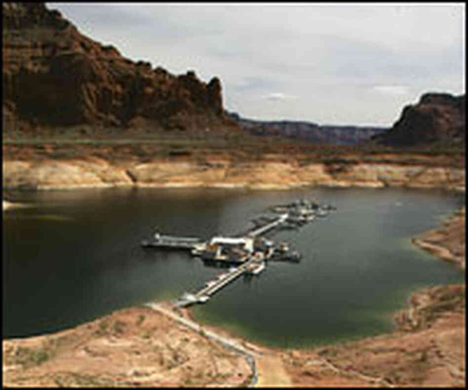 Water levels are low near Lake Powell's Dangling Rope Marina.