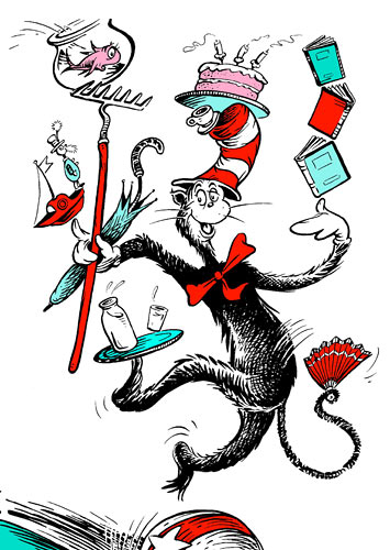 The Cat in the Hat with a cup and a cake on his head.