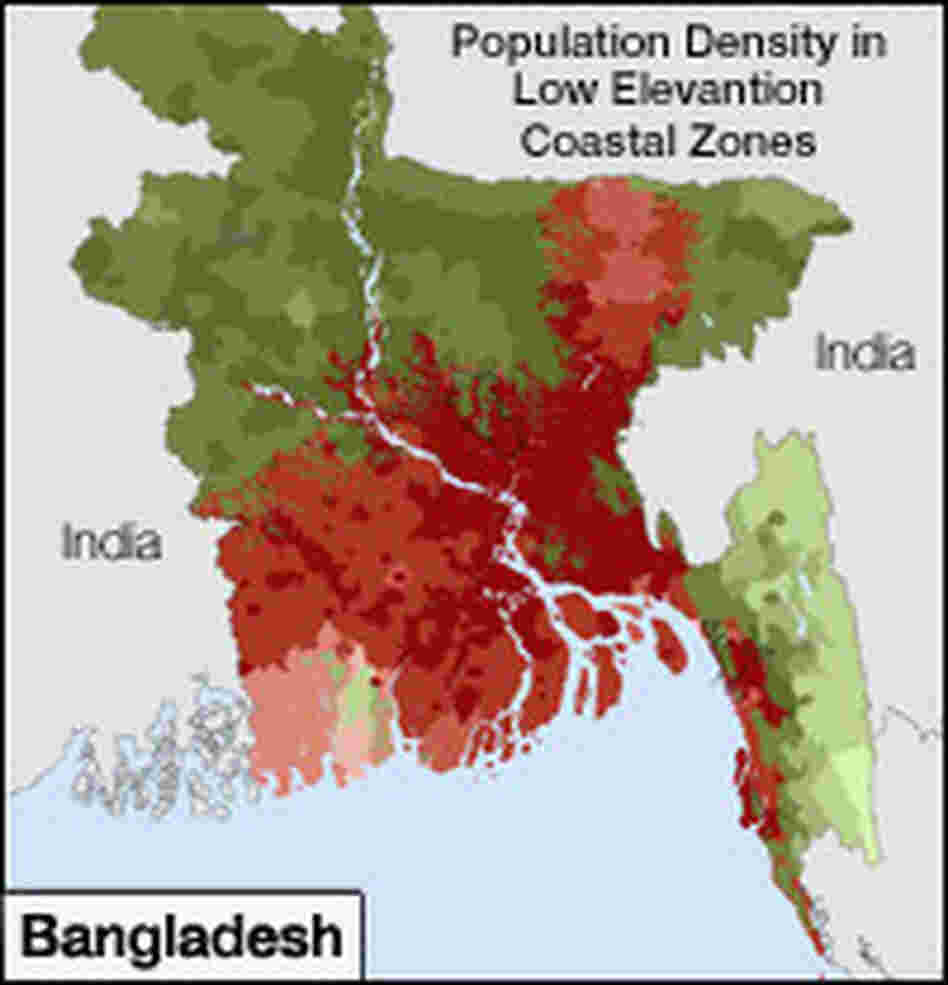 Map of Bangladesh showing that 46% of the population lives within 10 meters of the average sea level