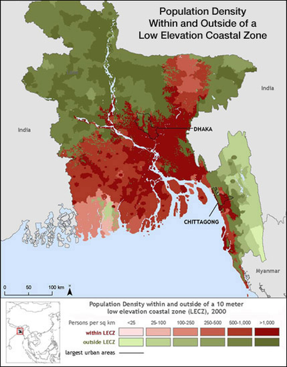 Map of Bangladesh showing that 46% of the population lives within 10 meters of the average sea level