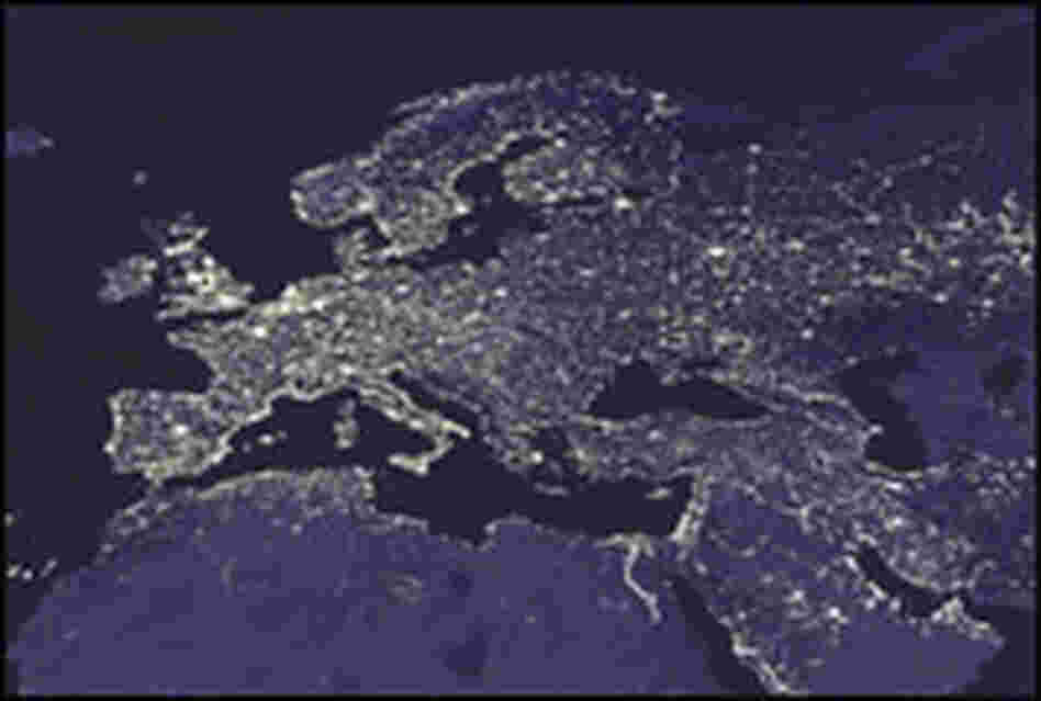 Satellite image of Europe at night.