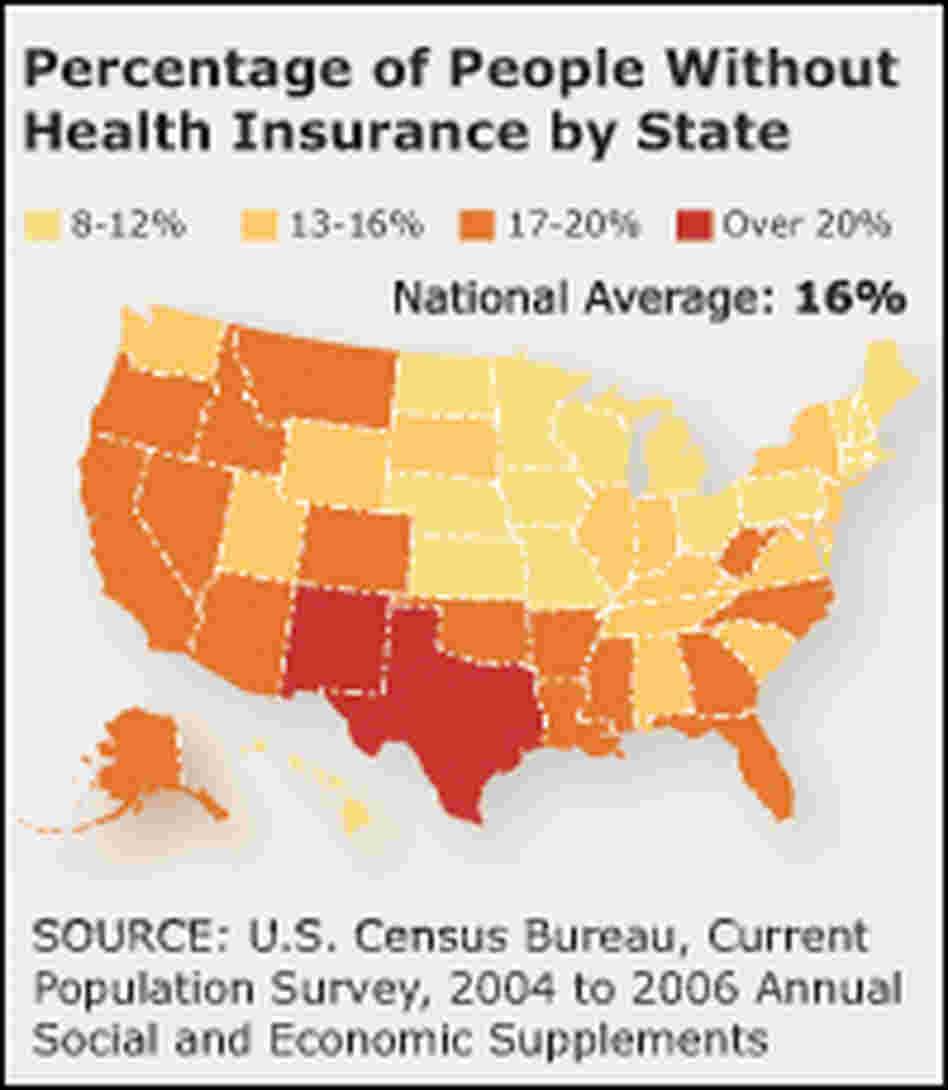 Map of the U.S. showing percentage of people without health insurance in each state.