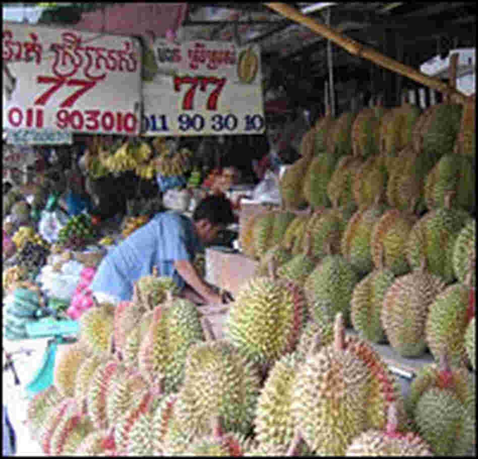 Durians, popular in Asia, are sold on a street in Phnom Penh, Cambodia.