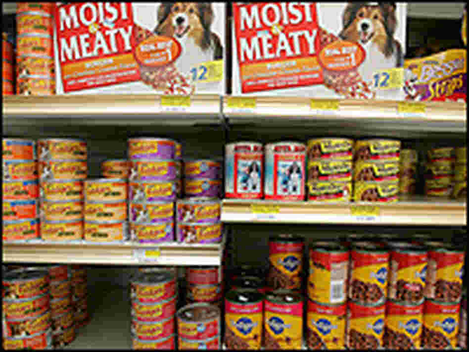 Pet food on a store shelf. Pet food on a store shelf.