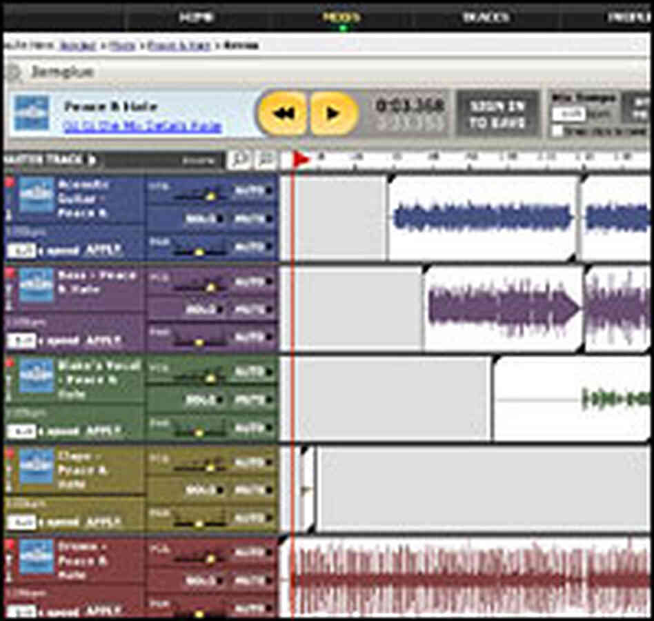 Users of Jamglue's Web site can mix songs posted by other artists. Users of Jamglue's Web site can mix songs posted by other artists.