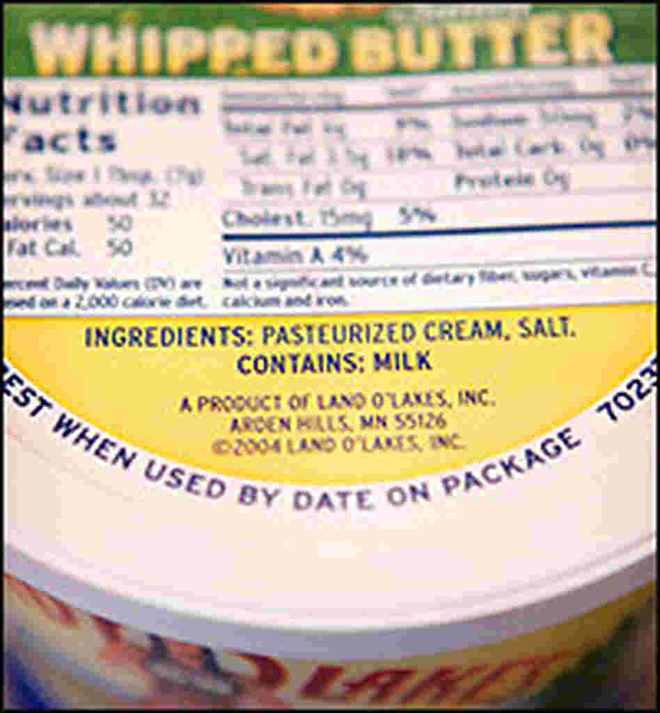 The label on a tub of Land O Lakes butter lists milk as an ingredient that may cause a reaction. The label on a tub of Land O Lakes butter lists milk as an ingredient that may cause a reaction.