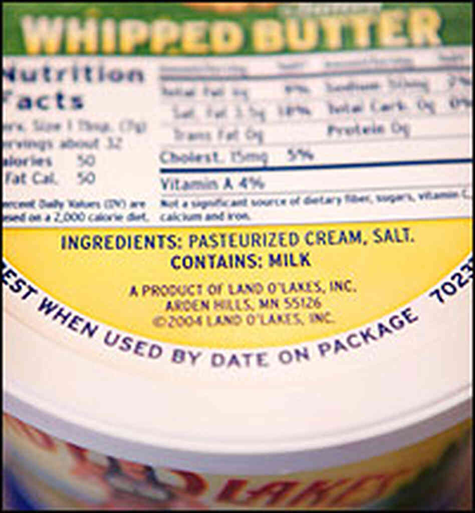 The label on a tub of Land O Lakes butter lists milk as an ingredient that may cause a reaction. The label on a tub of Land O Lakes butter lists milk as an ingredient that may cause a reaction.