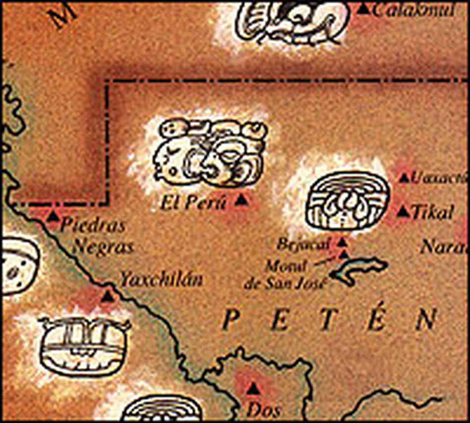 A map showing the location of the ancient Mayan city El Peru-Waka,