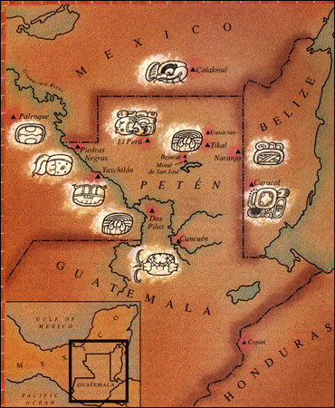 A map showing the location of the ancient Mayan city El Peru-Waka,