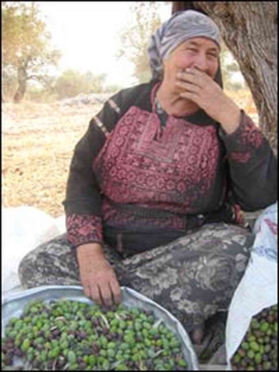 Umm Adnan Yasin holds a metal pan that she uses to separate leaves from olives.