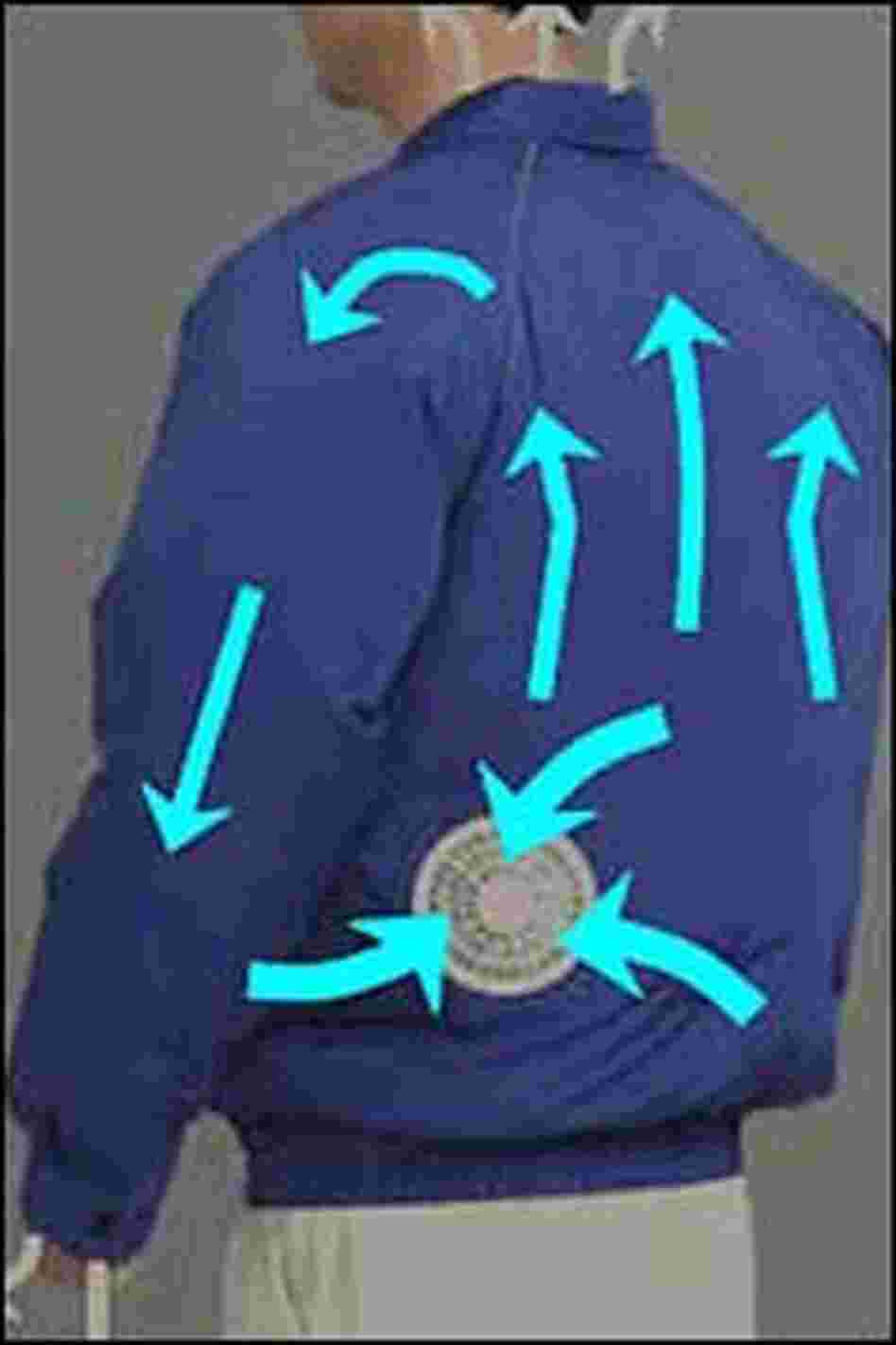 An inflated blue Meadownics jacket. An inflated blue Meadownics jacket.