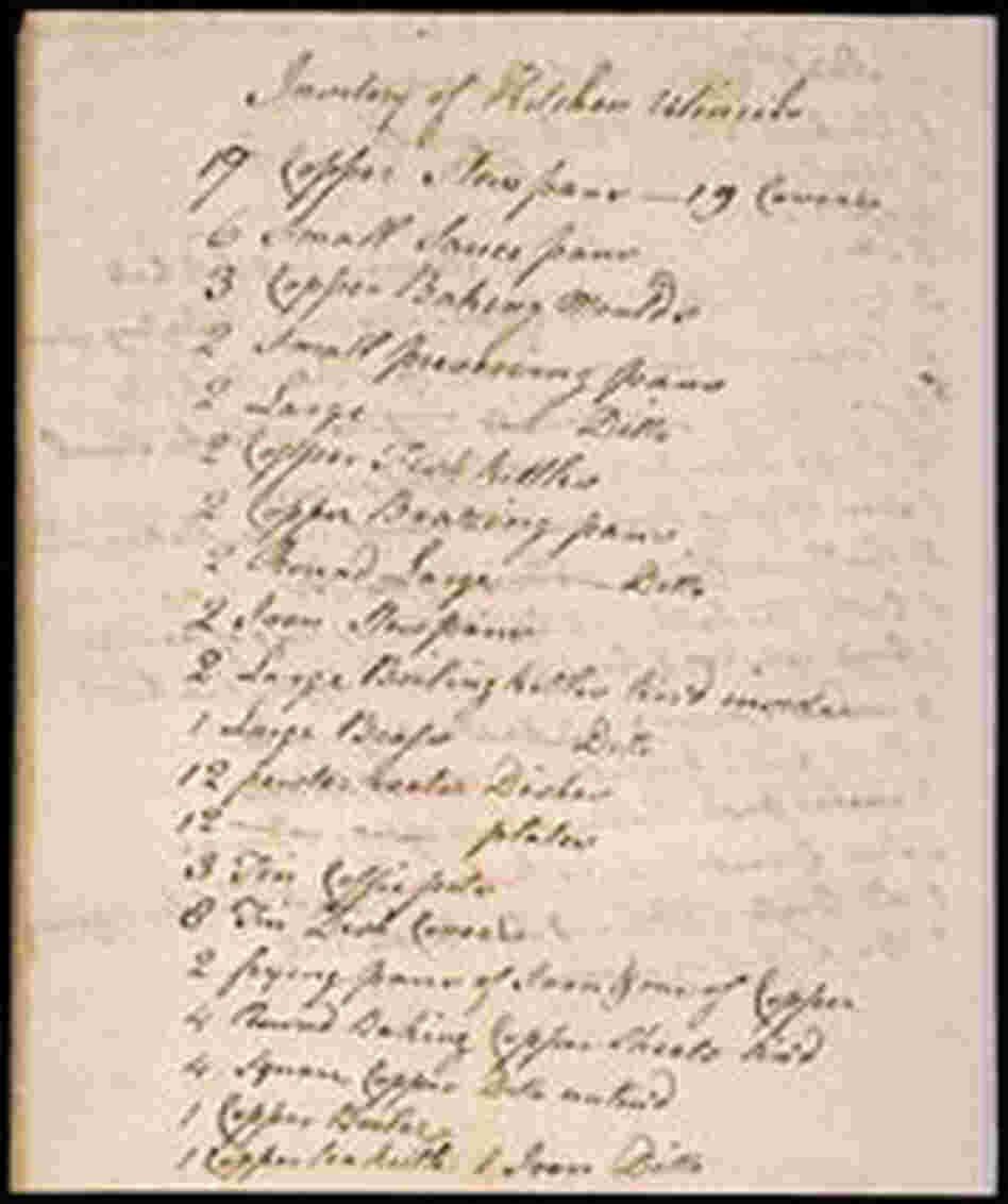 A list of kitchen equipment written out by James Hemings.