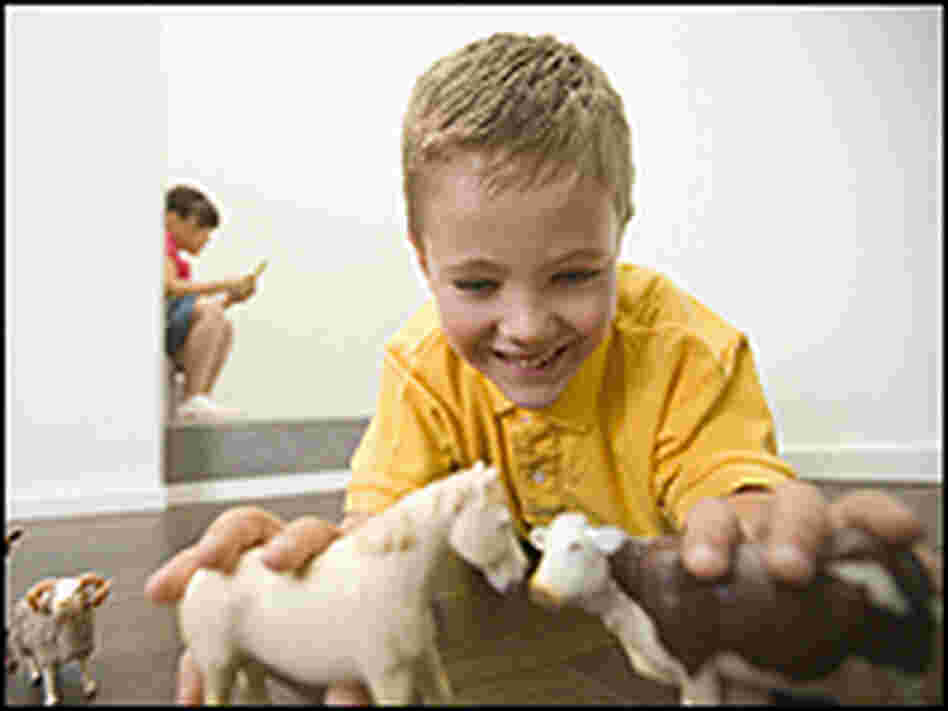Boy playing with animal figurines Boy playing with animal figurines