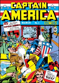 The original Captain America takes on Adolph Hitler on the cover of the comic's premier issue.