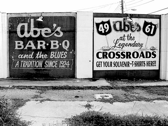 Abe's BAR-B-Q and Crossroads signs in Clarksdale, Miss.