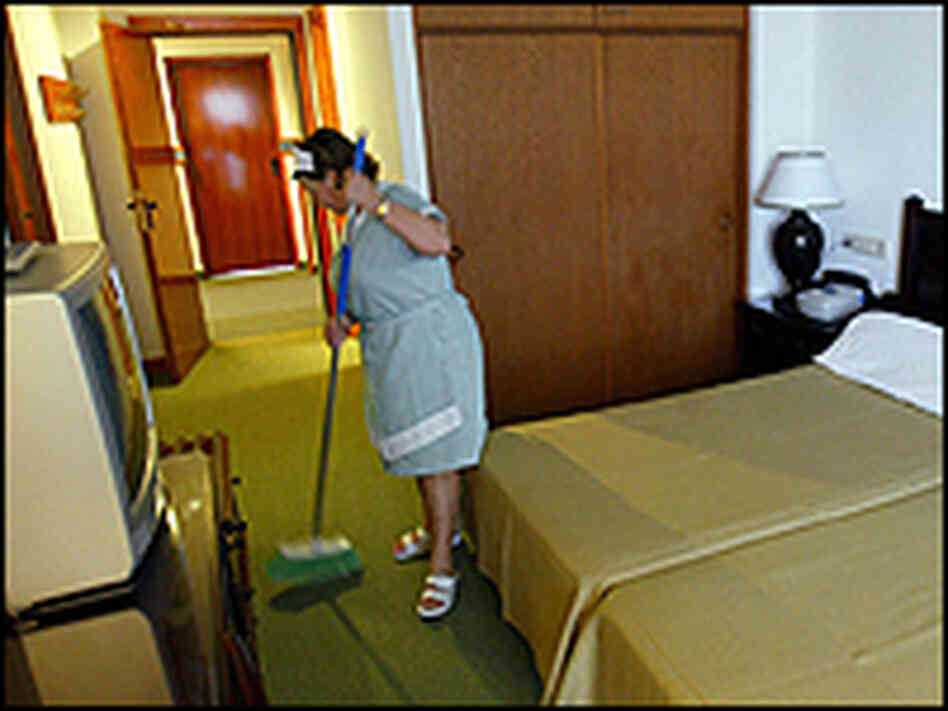 A maid cleans a hotel room. A maid cleans a hotel room.