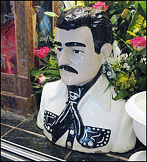 A bust of Jesus Malverde at his shrine in Culiacan, Mexico. Malverde, known as the "Narco Saint," was a local bandit who was killed by authorities in 1909. People say he was a Robin Hood-esque figure who stole from the rich and gave to the poor.