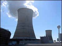White water vapor pours out of the cooling towers for Unit 1, the working reactor at Three Mile Island. Unit 2 has been dormant since the 1979 accident.