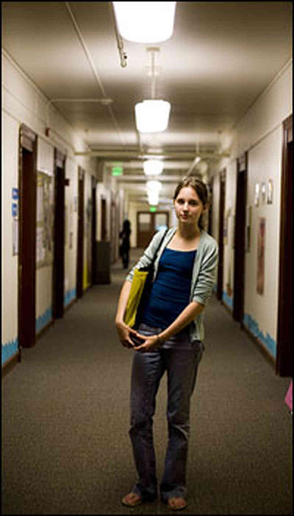 Emily poses in the hallway at Pacific Lutheran University.