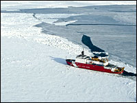 A U.S. Coast Guard ship on an ice sheet.