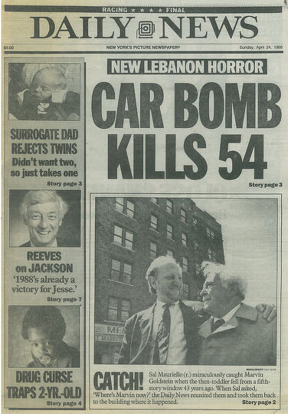 'New York Daily News' front page from 1988, featuring Goldstein and Mauriello's reunion